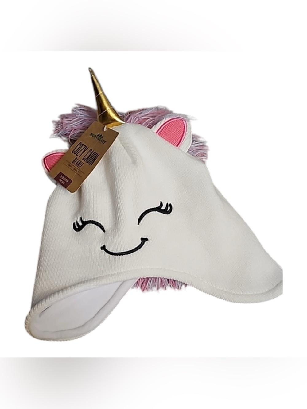 Cozy Youth Unicorn Hat - White with Pink & Purple Mane